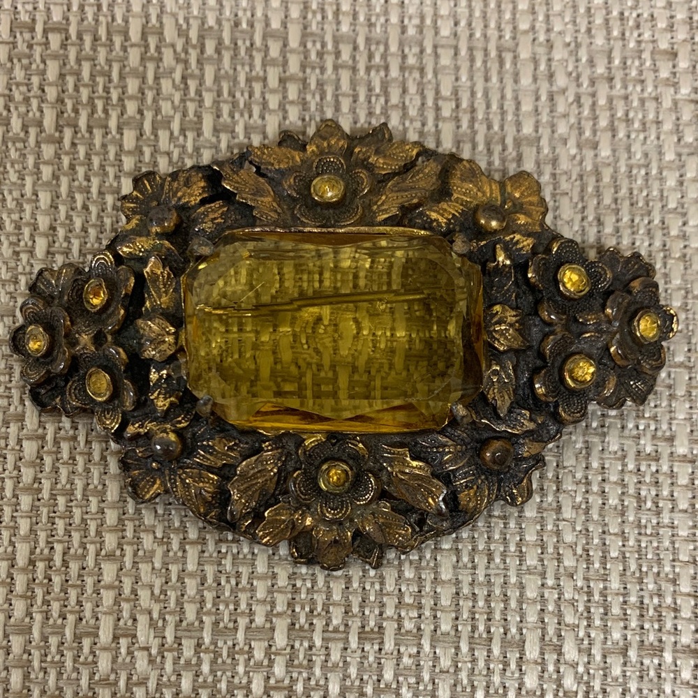 Victorian Revival Topaz Czech Glass Brass Tone Large Brooch